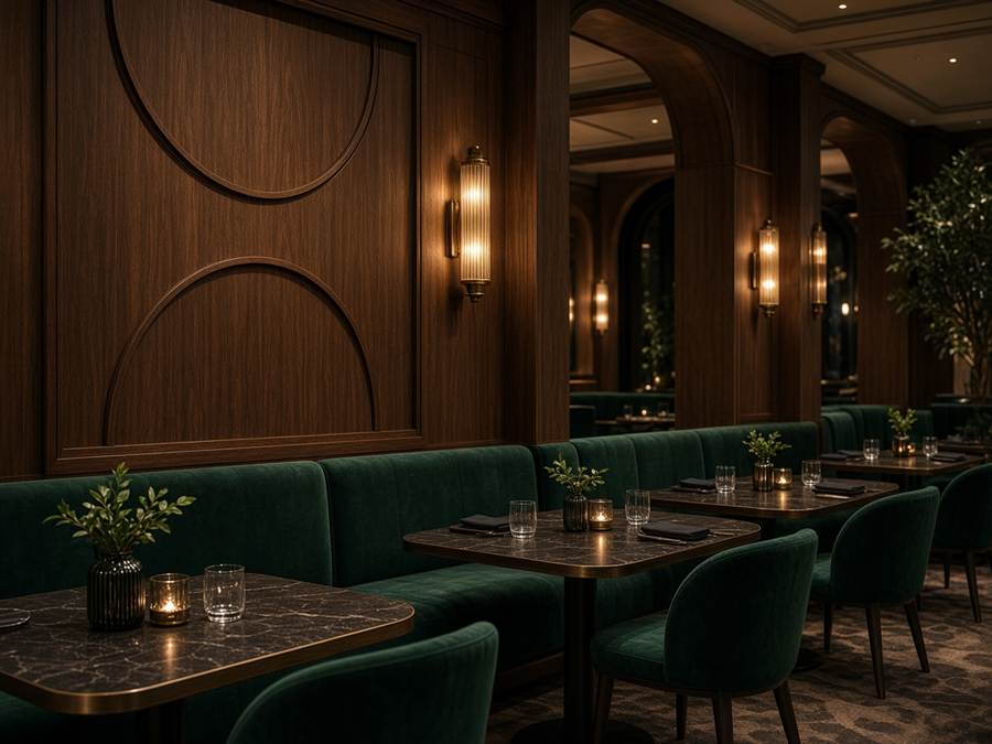 Elegant Hourglass Dining restaurant interior with warm lighting